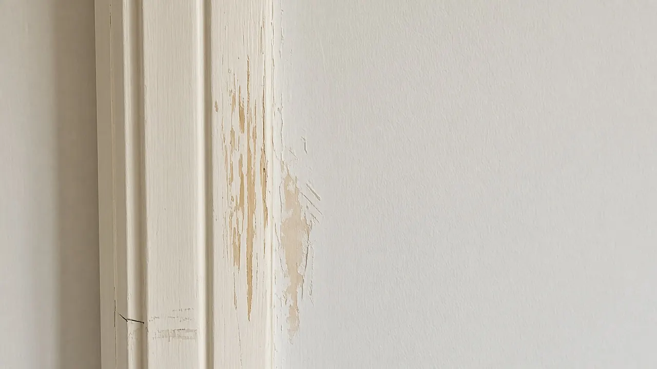 Scuffed paint on a new timber door frame where primer shows through.
