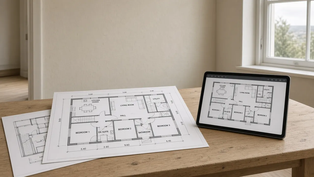 Architectural floor plans and a tablet on a timber table in a new-build house.
