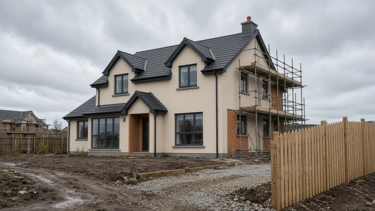 Cream two-storey new-build with scaffolding on a muddy Irish site.
