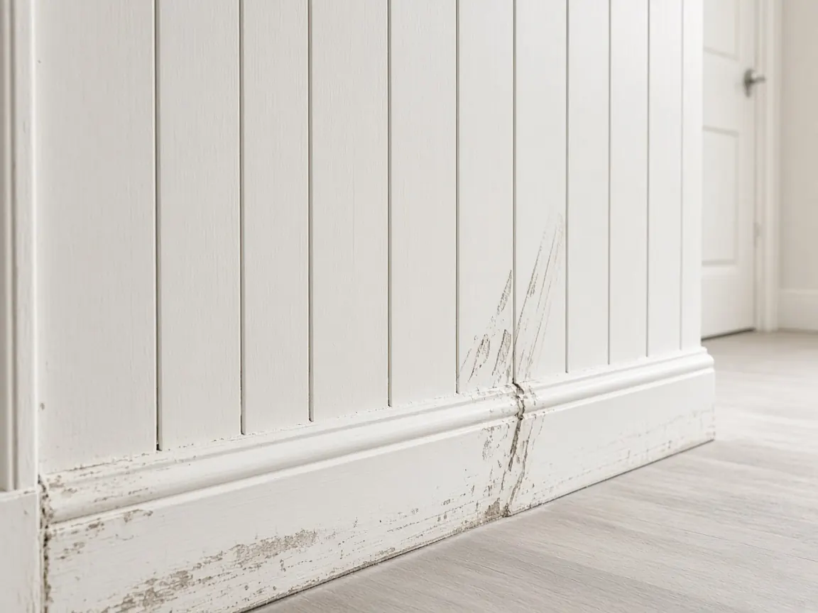 Scuffed white skirting board and lower wall in a new hallway.
