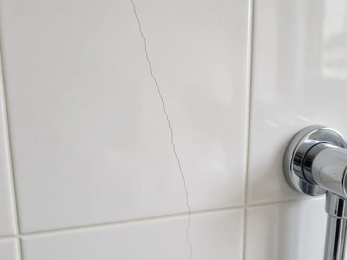 Hairline crack through a white ceramic wall tile beside a chrome pipe collar.
